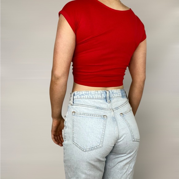 WILFRED Aritzia Front Tie Knot Short Sleeve Crop Top Summer Spring Party - Picture 5 of 6